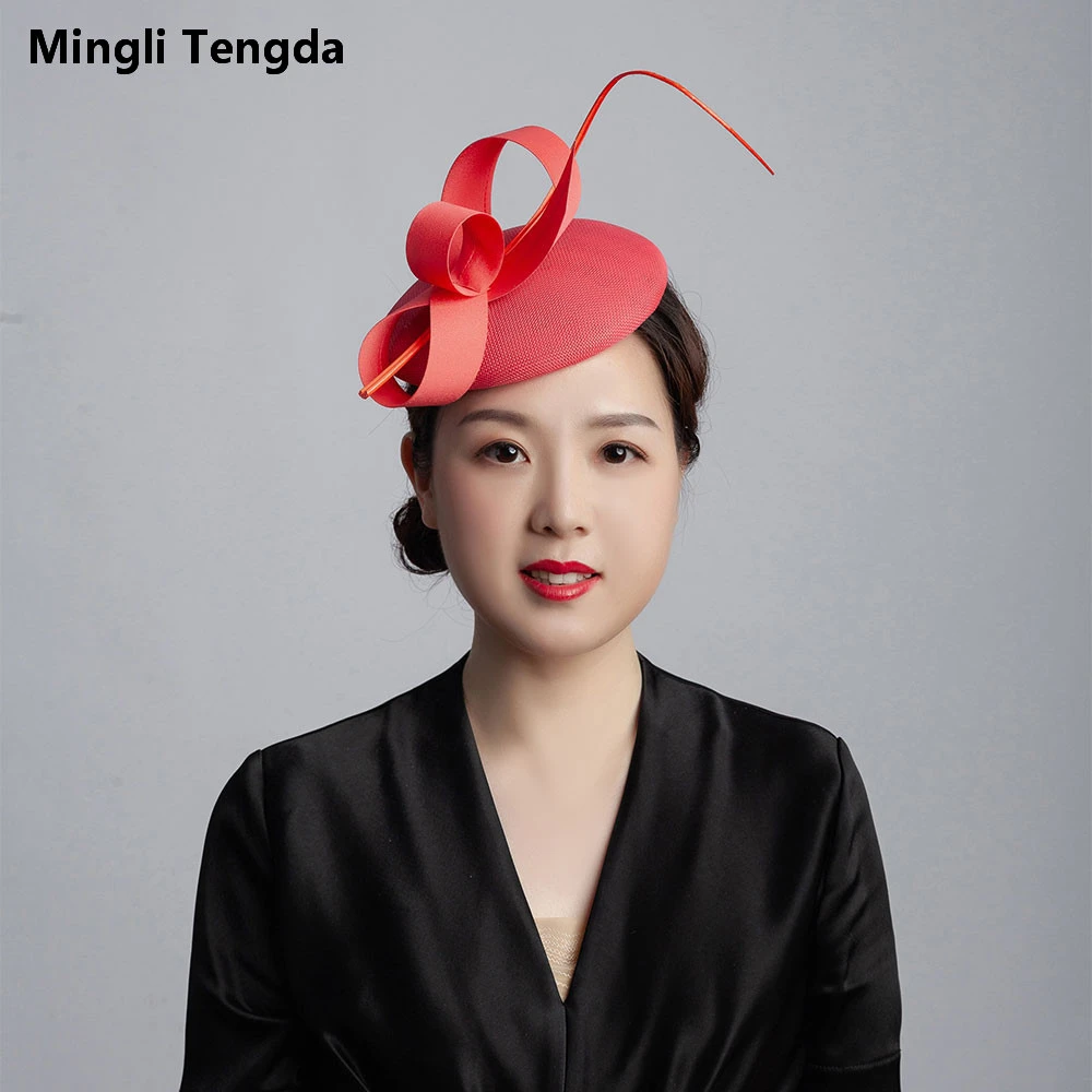 Mingli Tengda – chapeau en fil de chanvre Rose rouge, plumes, accessoires de mariage, couvre-chef élégant pour femme, diadème de la marine, cage à oiseaux