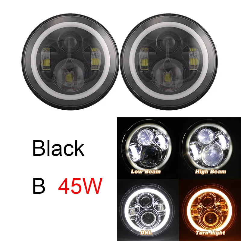 2Psc 7 Inch LED Headlight H4 Hi-Lo With Halo Angel Eyes For Lada 4x4 Urban Niva Jeep JK Land Rover Defender Hummer