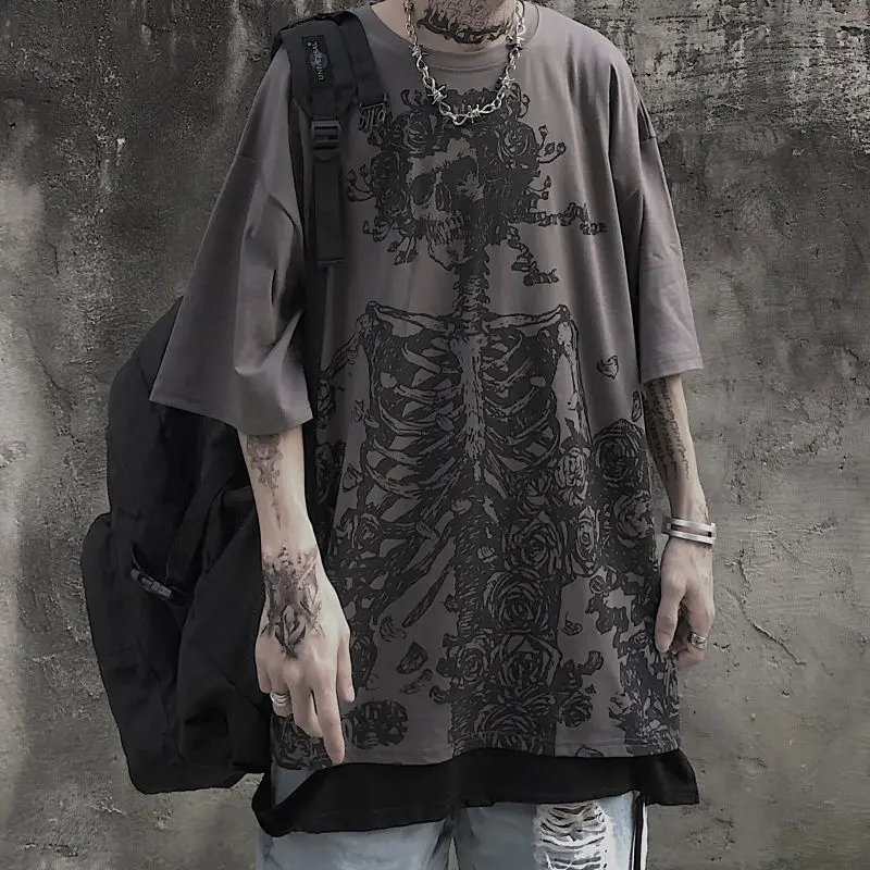 

QWEEK Gothic Harajuku Skull T-shirt 2021 Korean Fashion Oversized Short Sleeve Tees Shirt Mall Goth Tops Grunge Alt Kpop Clothes