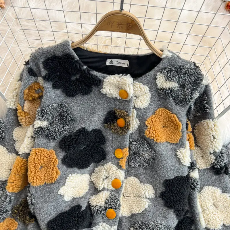 Cardigan à manches bouffantes et col rond pour femme, pull Chic rétro, avec fleurs en 3D, boutonnage simple, veste courte, printemps coréen, m196