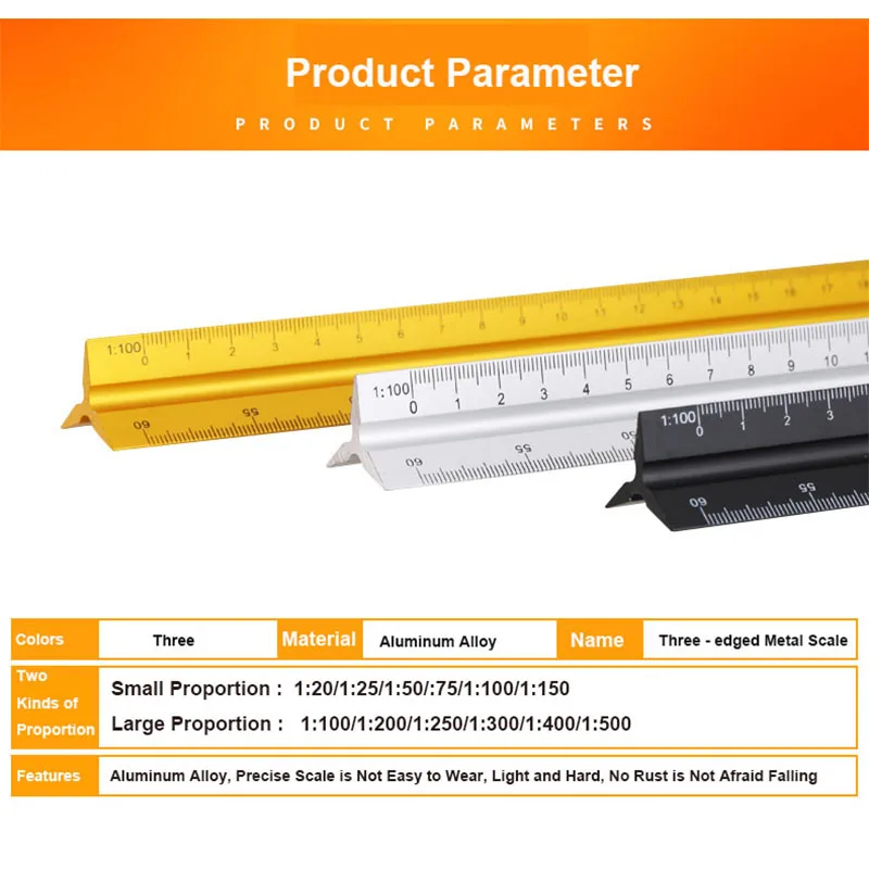 Règle en alliage d'aluminium à trois bords, échelle métallique, 30cm, forme et décoration triangulaires, outil de dessin, règle de dessin