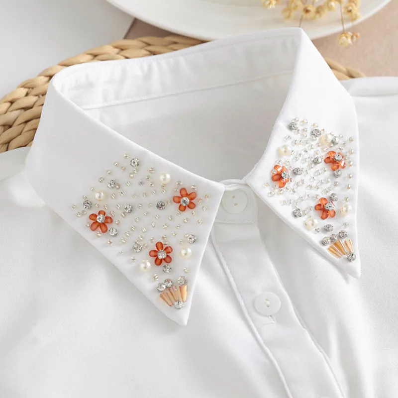 Bead Fake Collar Shirt Women White False Collars Woman Pearl Women Beaded Detachable Collar Necktie Black Chiffon Half Shirt