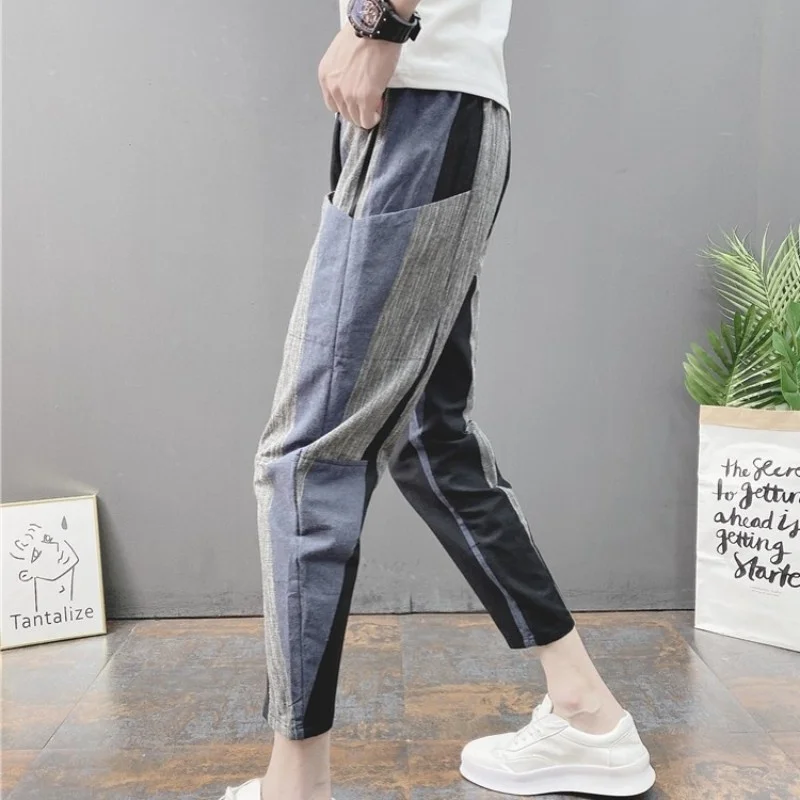 

New Summer Men Casual Pencil Pants Street Loose Fit Hip Hop Harem Pants Elastic Waist Mixed Color Calf-Length Cross-pants Men