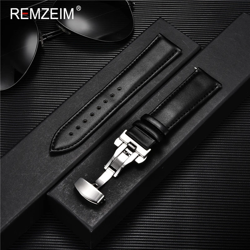 REMZEIM Leather Watchband Strap 18/20/22/24MM Calfskin Watch Band Stainless Steel Buckle Watch Accessories Black Brown