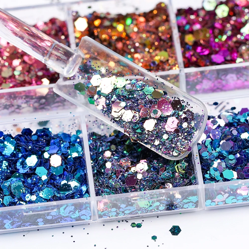 12 Grids/Box Glitter Holographic Laser Chameleon Hexagon Sequins Powder Nail Art Slice Decoration Manicure DIY Set