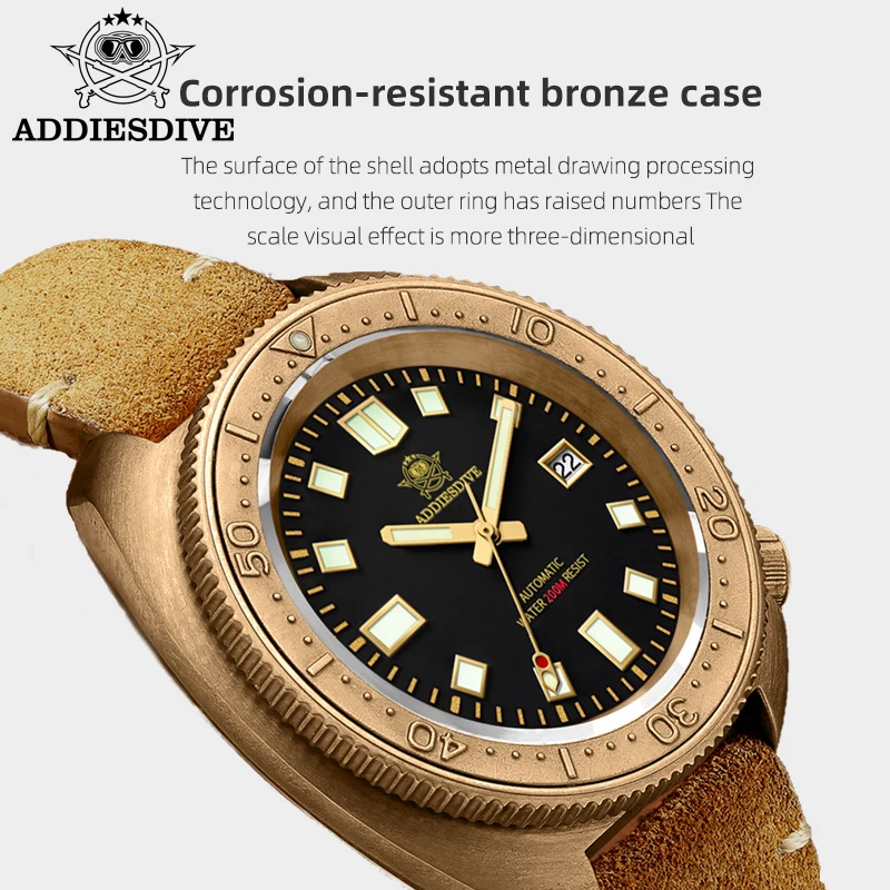 ADDIESDIVE 2104 Men Bronze Watch Black Dial Sapphire Glass NH35 Automatic Watch 200m Dive Bronze Case C3 Super Luminous Watches