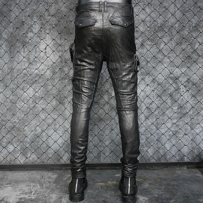 Men Genuine Leather Motorcycle Slim Sheepskin Pleated Pencil Pants Luxury Multi-Pocket Vintage Punk Biker Trousers Black