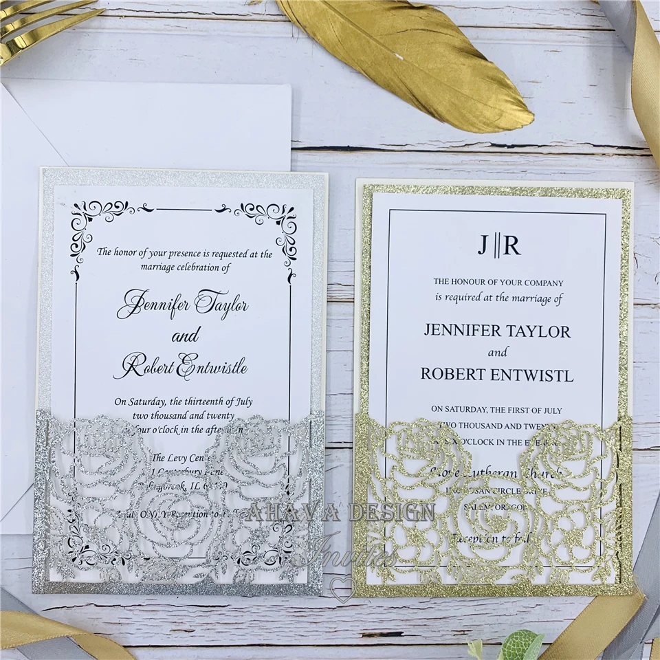 Fancy Glitter Gold Rose Floral Invitations for Wedding, Quince And Sweet 16, DIY Invite Kit