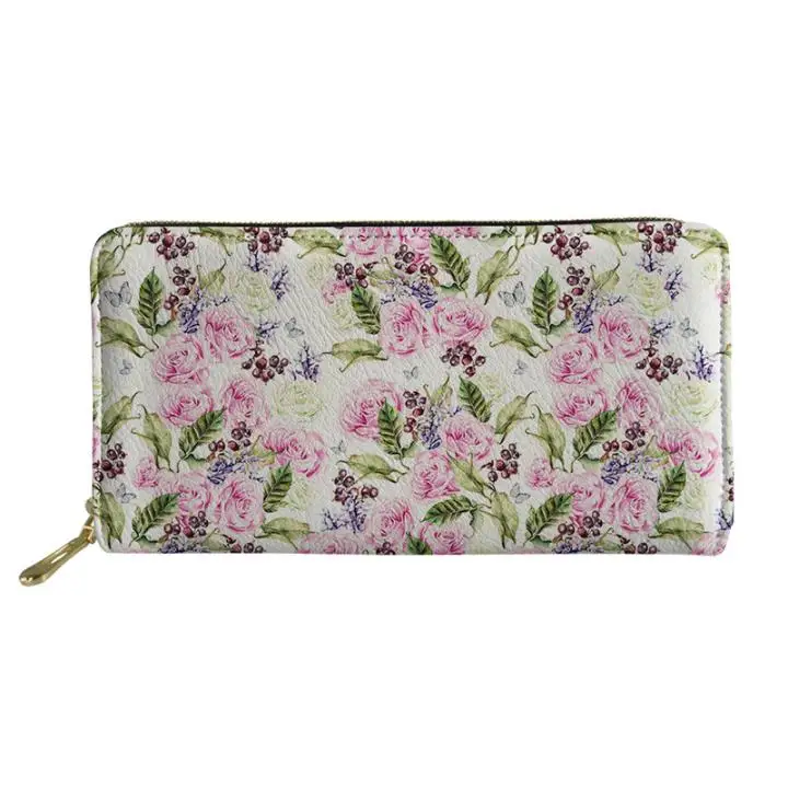 

Fashion Women's Vintage Floral Wallet Blush Dew on Rose Foil Print Leather Zipper Purse with Coin Pocket Cartera Mujer