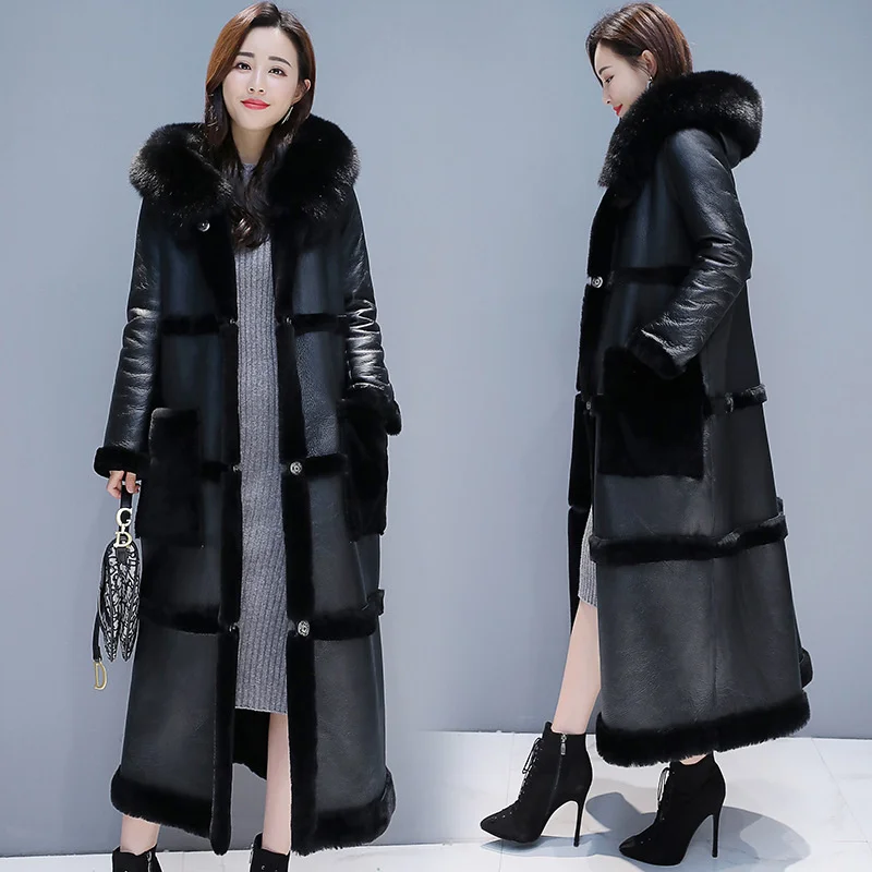 

Winte Ladies' Fur In One Thickened Woolen Cloth Long Hooded Fur Collar Fashion Plus Velvet Solid Color Cotton Coat Female