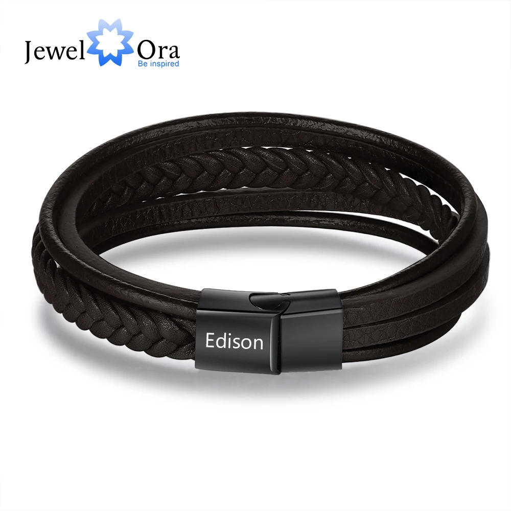 JewelOra Personalized Stainless Steel Engraved Name Bracelets for Men Husband Customize Black Brown Braided Leather Men Bracelet