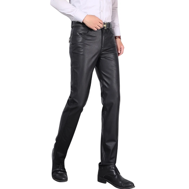 

Men's Full Length Leather Pants, Windproof, Warm, Sheepskin, Black Motorcycle Pants, Thick Trousers, Spring and Autumn