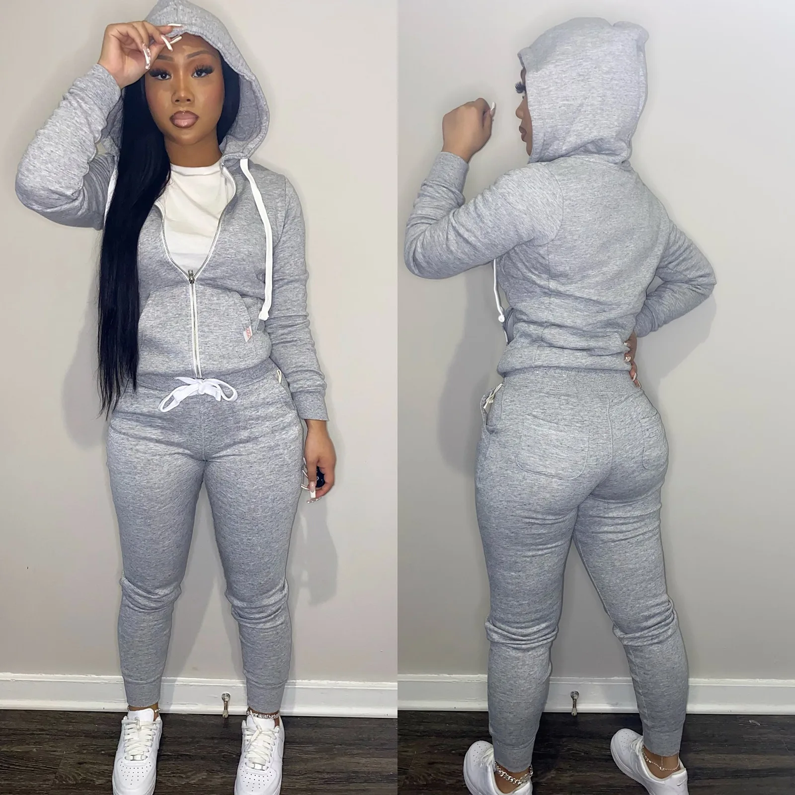 2021 Autumn 2 Piece Set Women Cotton Tracksuit Cropped Hoodie Long Sleeve Drawstring Sweatpants Streetwear Jogger Slim Outfits