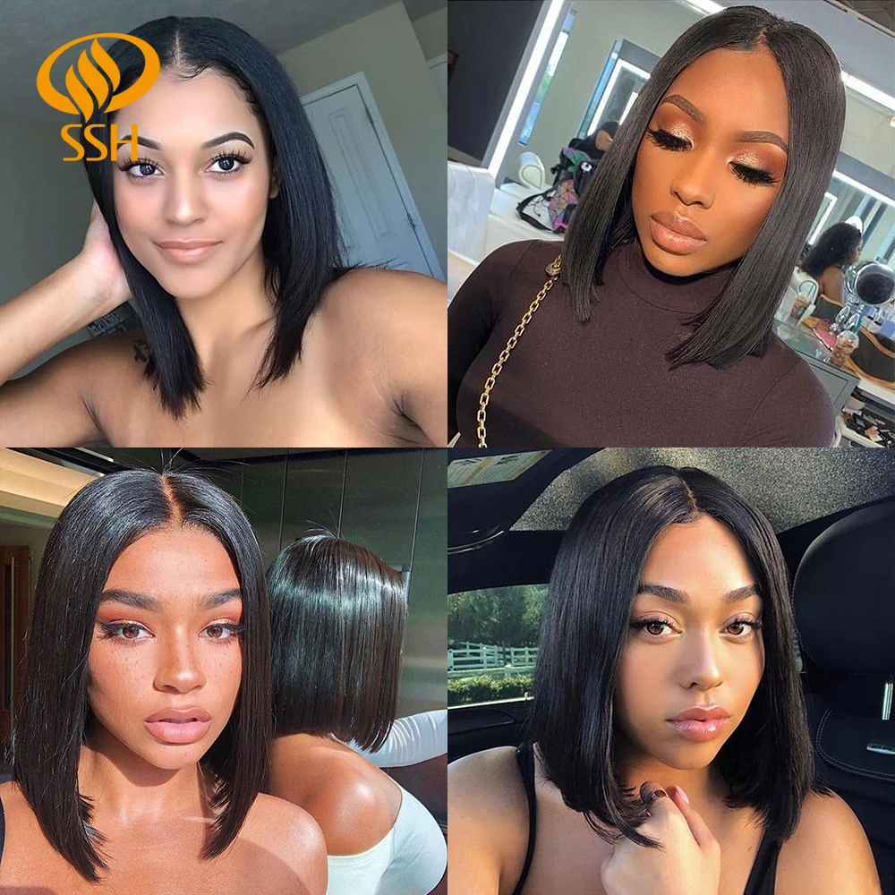 SSH Reta Curto Bob Perucas de Cabelo Humano para Mulheres Negras Parte Do Laço Brasileiro Perucas de Cabelo Remy Do Meio Parte Lateral Para Marrom