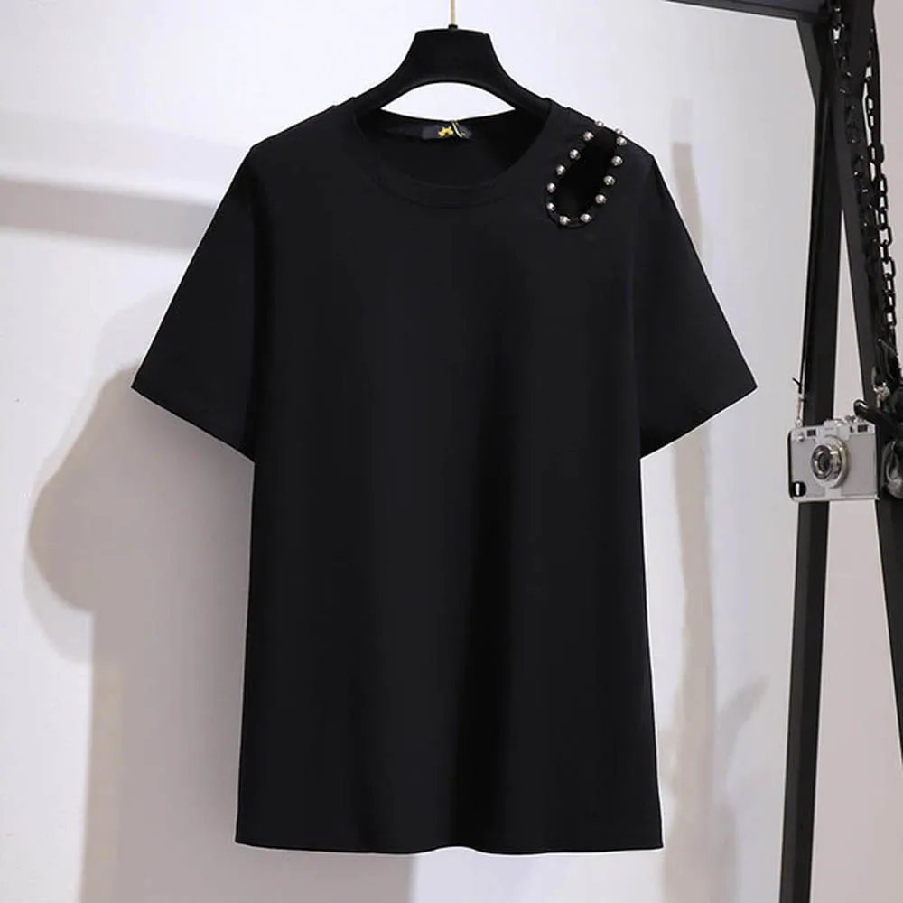 150Kg Plus Size Women's Summer Loose Rivet Hole Short-Sleeved T-Shirt Bust 157cm 6XL 7XL 8XL 9XL 10XL Round Neck Top Black Gray