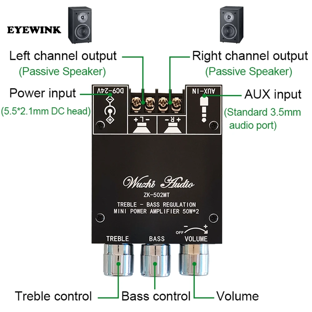 ZK-502MT/ ZK-5022*50W Bluetooth 5.0 Subwoofer Amplifier Board 2.0 Channel High Power Audio Stereo Amplifier Board 