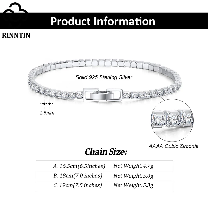 Rinntin 925スターリングシルバーprinces cut 2.5/3.0ミリメートルキュービックジルコニアクラシックテニスブレスレット6.5/7.0/7.5インチテニスジュエリーSB113