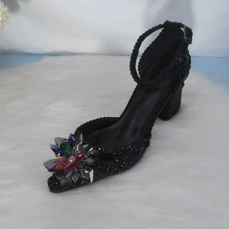 Black Bride Crystal Flower Wedding Shoes Bridesmaid Party Dress Shoe Thin Heel Rhinestone high heels ankle strap shoes