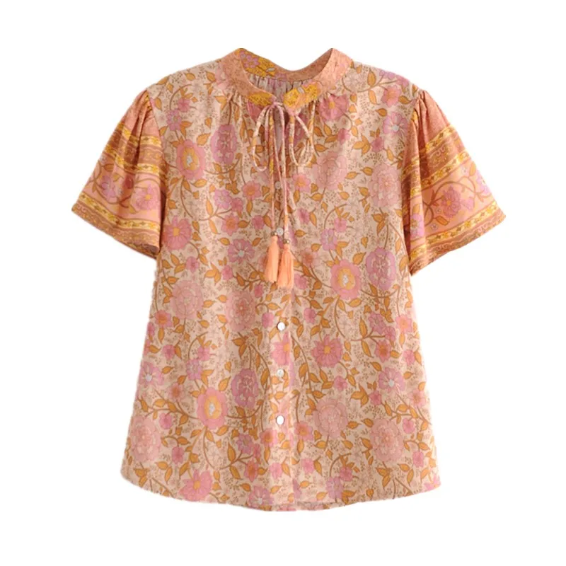 BOHO Tassel Lacing up Collar Orange Floral Print Short Sleeve Shirt Ethnic Women Single-breasted Buttons Blouse Tops