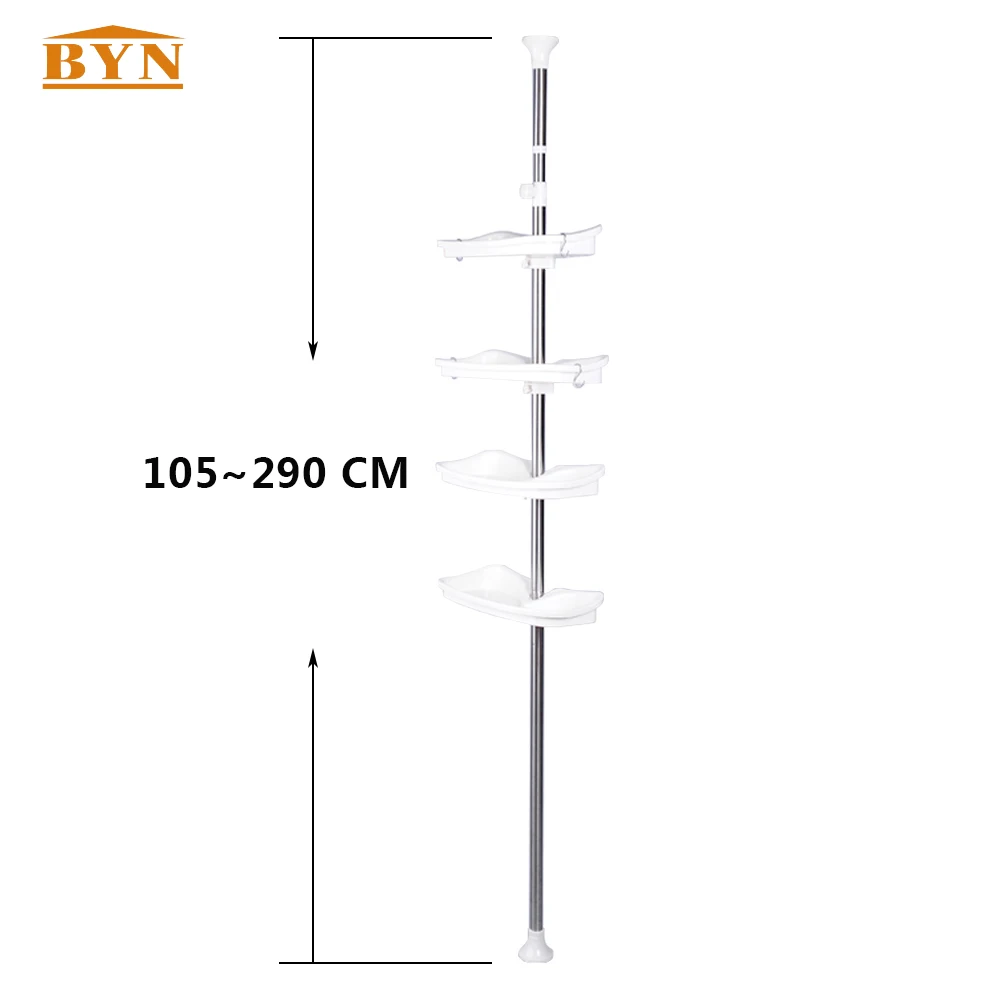 BAOYOUNI Factory Sale 4 Tiers Bathroom Sundries Organization Shelf Height Extendable Pole Rack Saving Space 105-290cm DQ0787