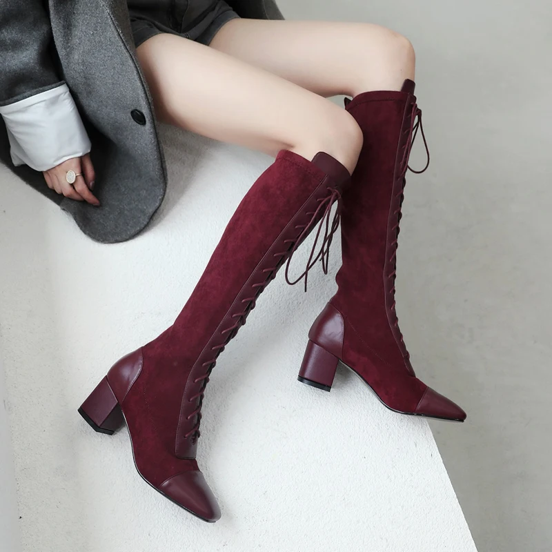 

Long Leather Stitching Lace-up Knee-High Boots Women's Winter High Heel Martin Boots High Knee-Length Lace-up Boots