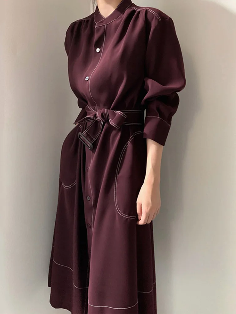 Korean Minimalist Elegant Stand Up Collar Bright Thread Single Breasted Loose Strap Windbreaker Dress