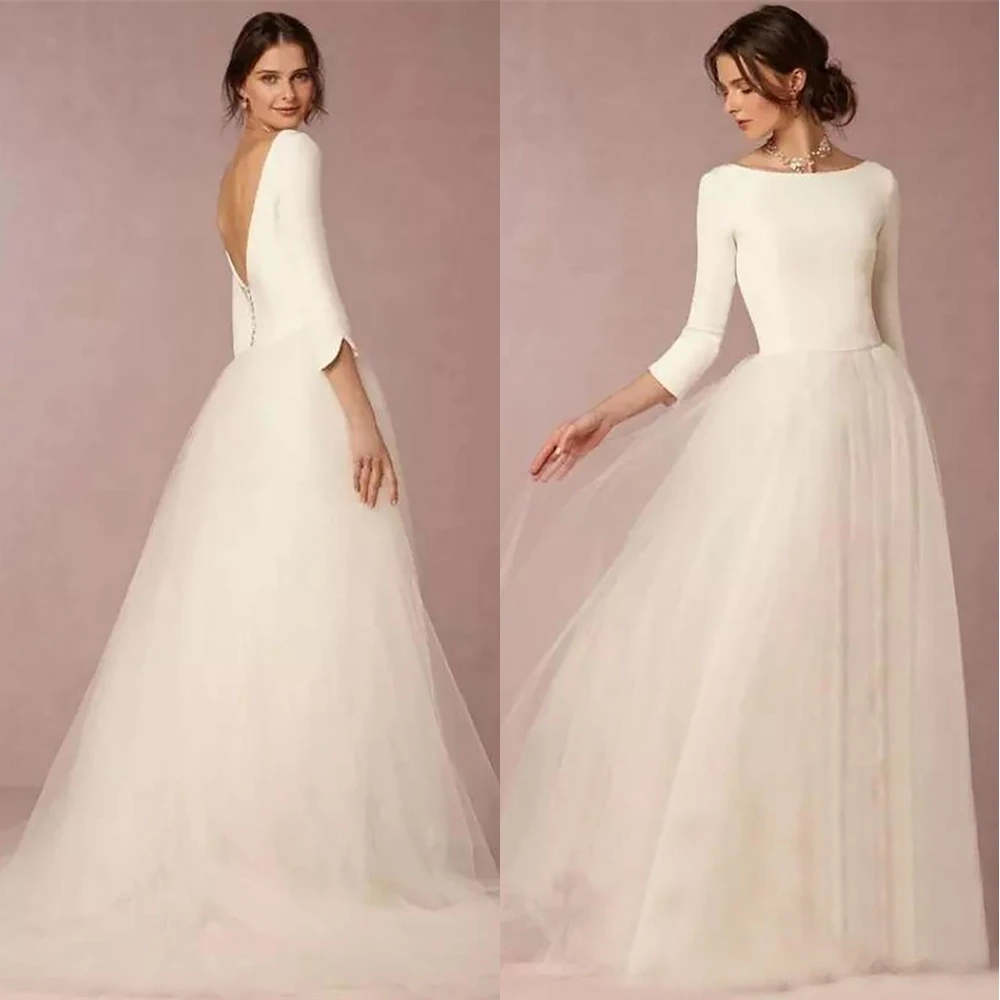 

White Bateau A Line Plus Size Wed Dresses Wed Bridal Gowns Satin Wedding Dresses Tulle Backless Custom Three Quarter Sleeve