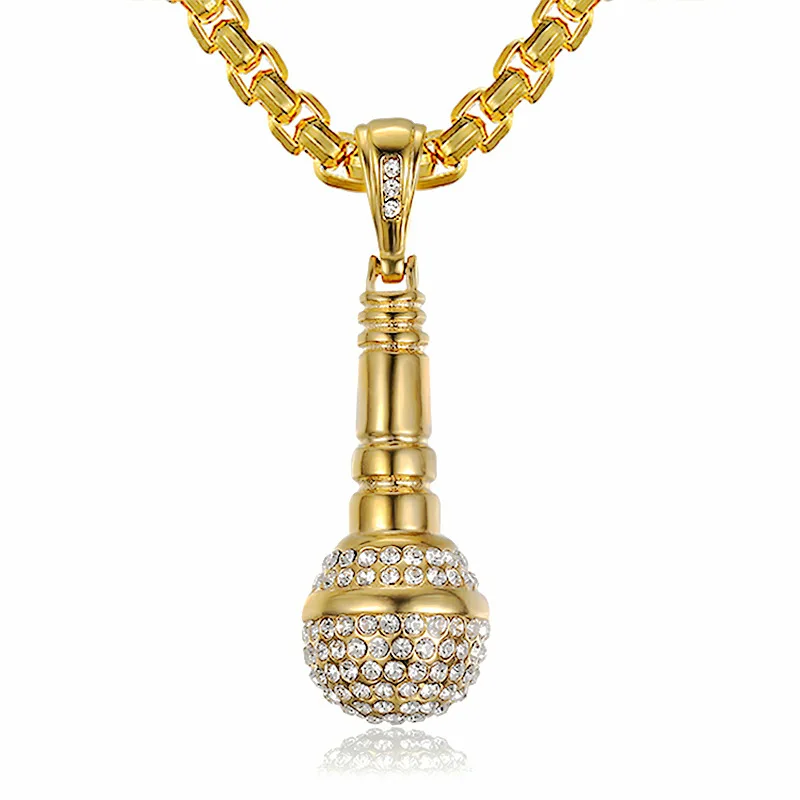 Hip Hop Rhinestones Paved Bling Iced Out Gold Silver Color Stainless Steel Microphone Pendants Necklace for Men Rapper Jewelry