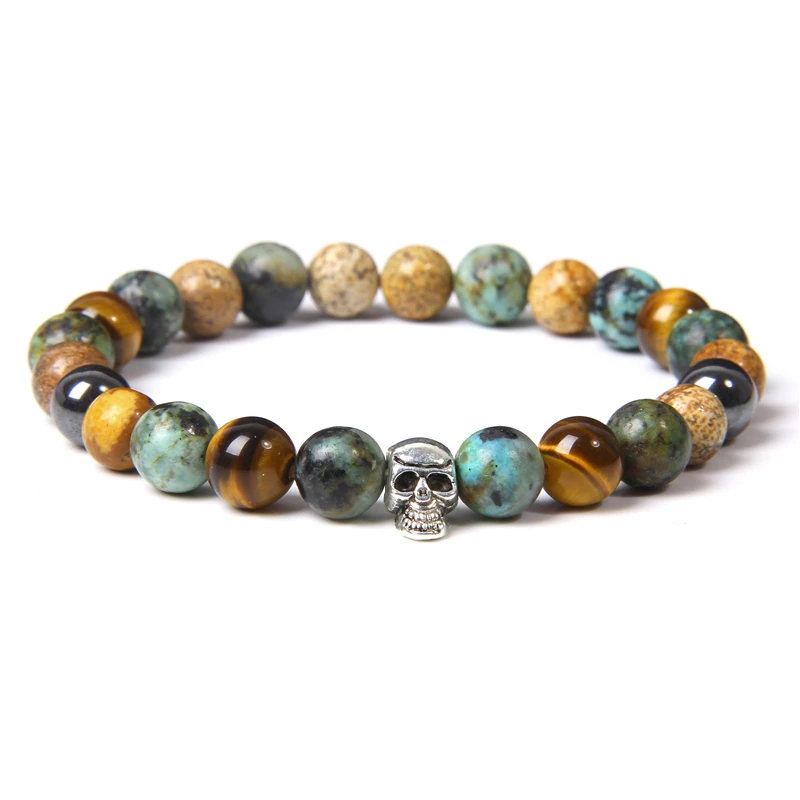 Schädel Armbänder Für Männer Frauen Natürliche Stein Tigerauge Armband Malachit Labradorit 8MM Perlen Stretch Armreifen Punk Schmuck – Detail 6