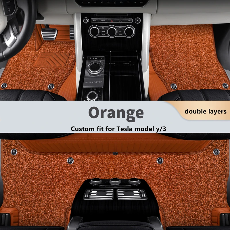 

Tesla Model 3 Custom Fit Car Accessories Floor Mat ECO Cowhide High Class Leather For Double Layers Carpet Model Y Orange