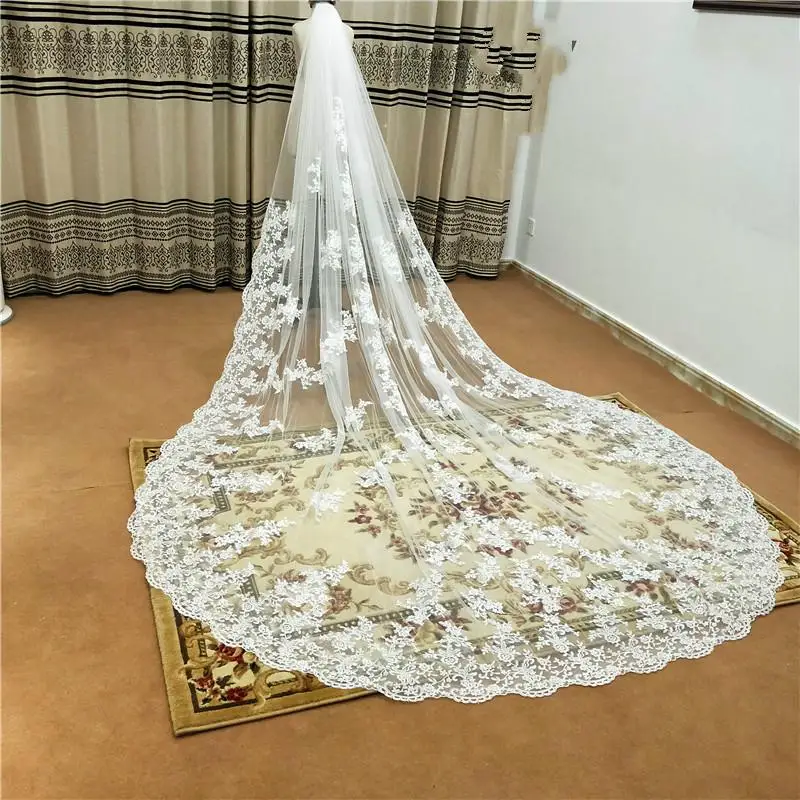 New Pattern Cathedral Length Bridal Veils Lace Applique Edge Wide 1 Layer Wedding Veils Metal Comb Real Photo