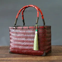 Handmade Retro Bamboo Woven Bag, Chinese Small Handbag, Tassel Pendant, Tea Ceremony, Tea Set Storage Bag