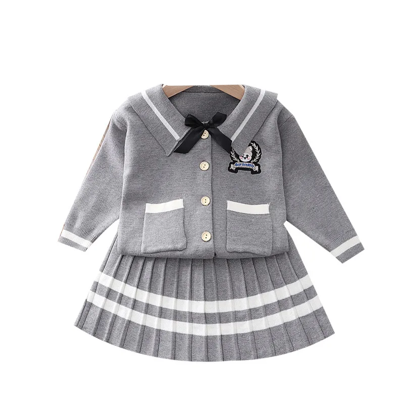 Autunno ragazza College Style maglione Set bambini coreano simpatico orso ricamato Cardigan gonna a pieghe scuola due pezzi Set