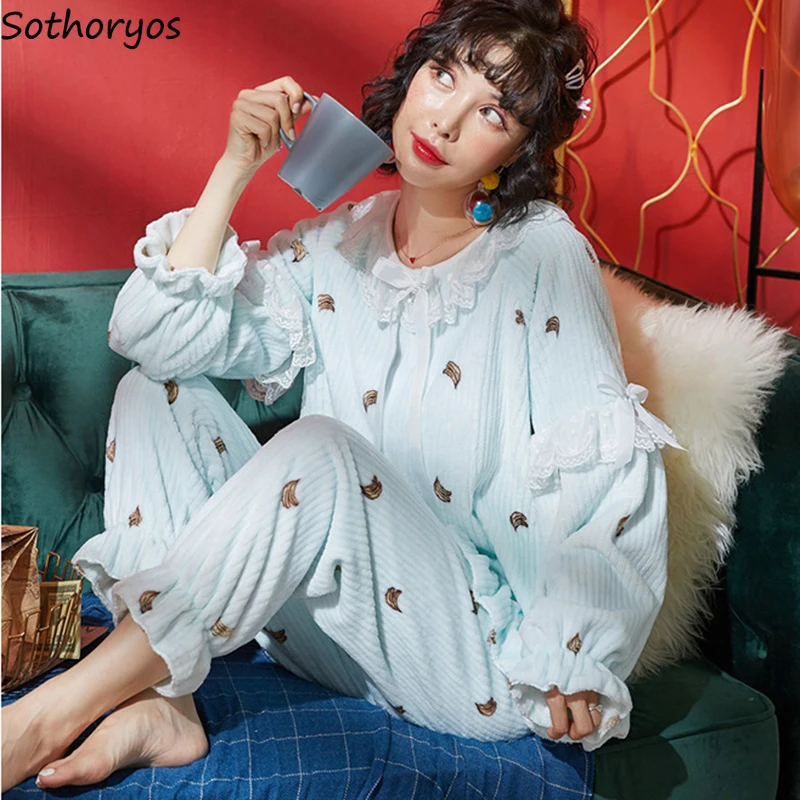 

Print Fluffy Pajama Sets Women Cute Simple Loose Ruffles Soft Coral Velvet Ins Popular Chic Nightwear Warm Cozy Sleepwear Tender