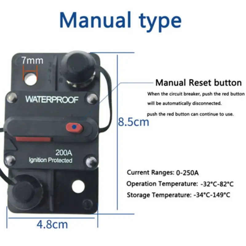 Waterproof 30A-300A Circuit Breaker Trolling with Manual Reset Car Boat Manual Power Protect for Audio System Fuse Car 12V-48VDC