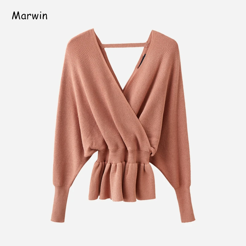 

Marwin 2020 New-Coming V-Neck Thick Elegant Fashion Sweaters Warm Soft Ruched Female High Street Winter Sweaters