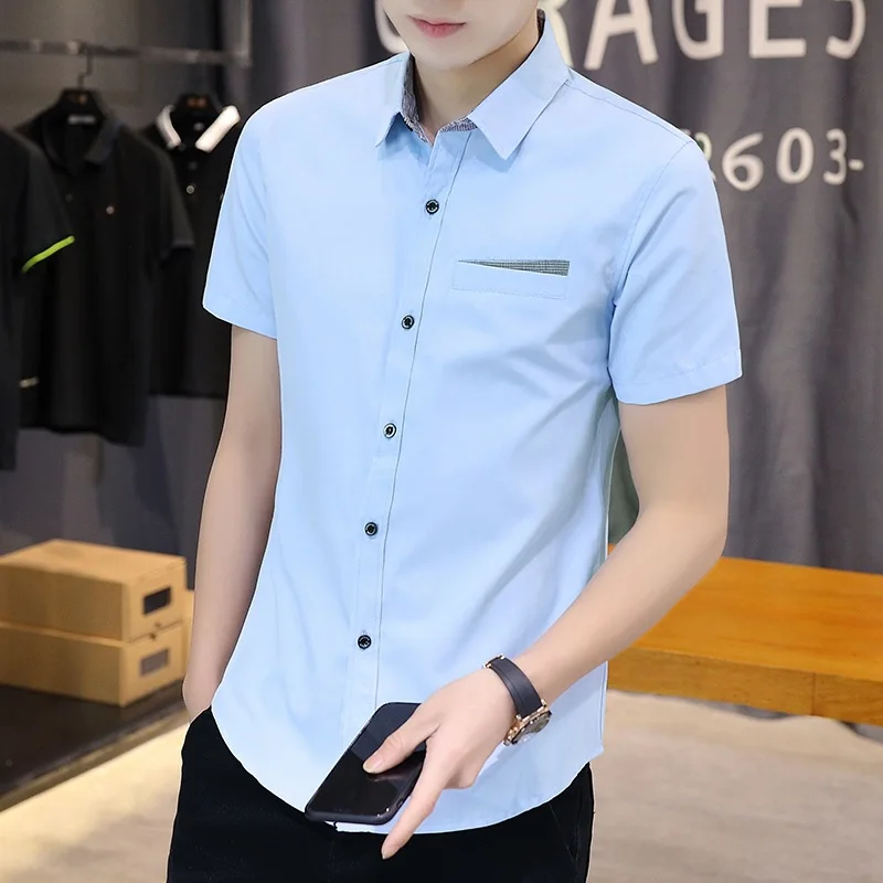 

ew Summer High-end Men's Square Collar Shirts Handsome Casual Solid Color Short Sleeve Trend Slim Fit Business Cardigan Tops