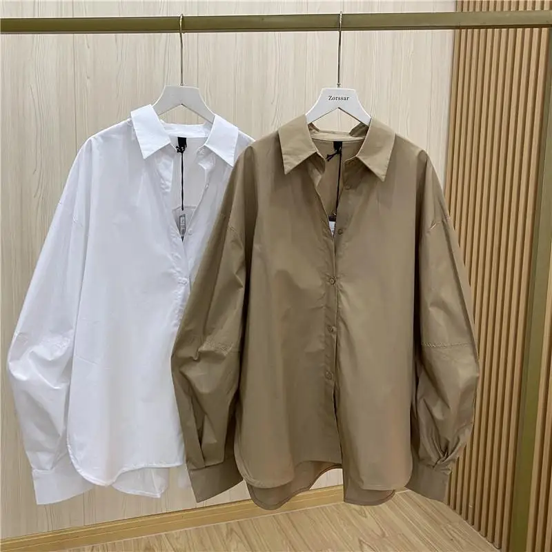 Shirts Women Unisex Loose Fashion Turn Down Collar Ins Blusas Casual Autumn Chic Couple Office-look Inside Long Sleeve Soft Lady