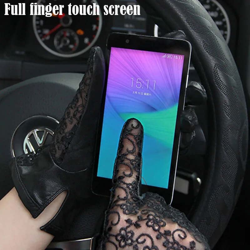 New Women Leather Touch Screen Gloves Fashion Sheepskin Embroidery Lace No Lining Spring And Summer Driving Black Mittens