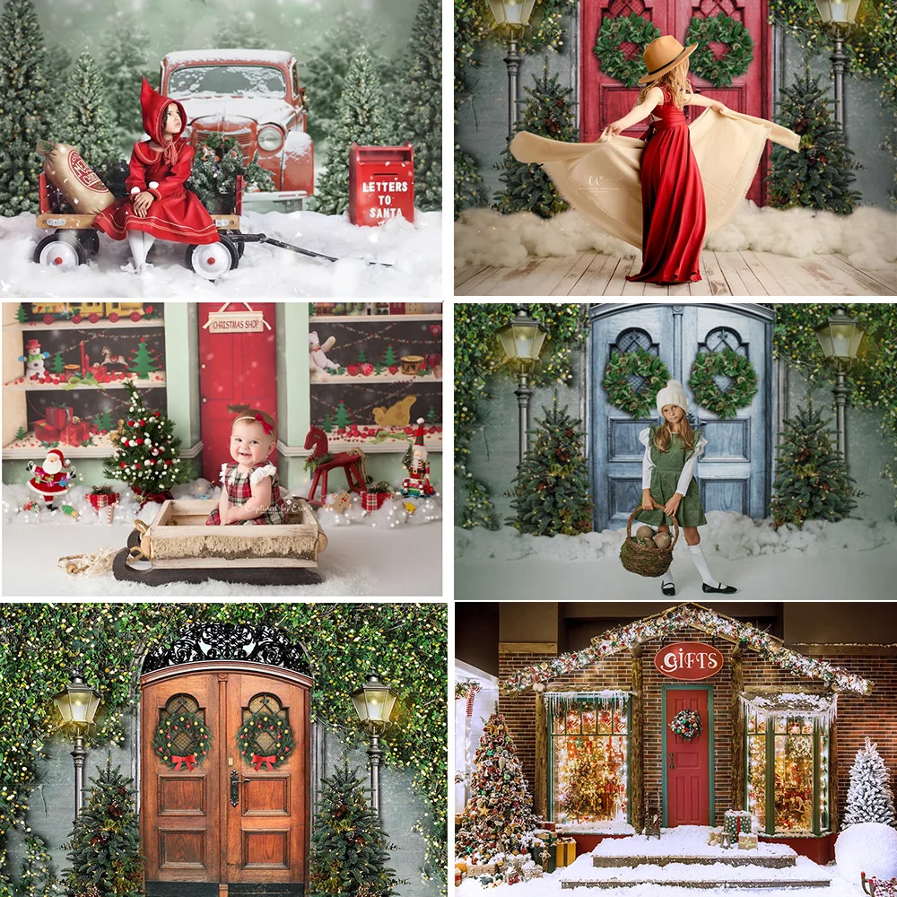 Retro Rustic kayu dooe Christams latar belakang foto Studio hijau karangan bunga salju musim dingin anak dewasa latar belakang fotografi ulang tahun