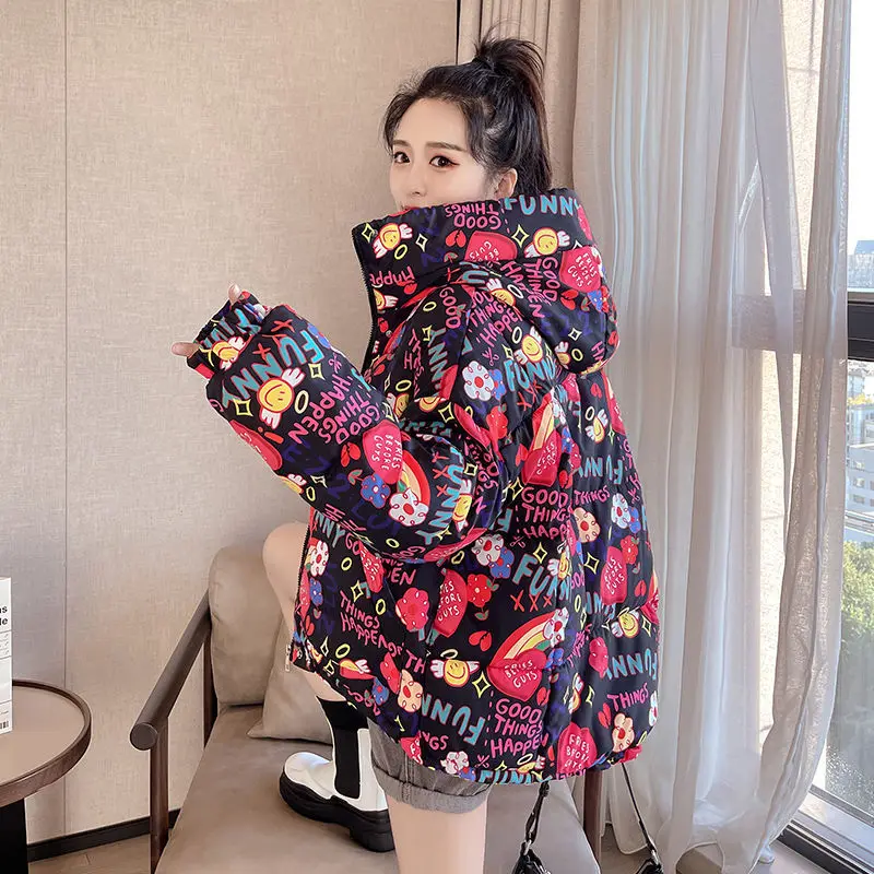 Jaqueta de inverno das mulheres pão roupas japonês graffiti harajuku menina estudante puffer jaqueta para as mulheres 2021 inverno grosso bolha