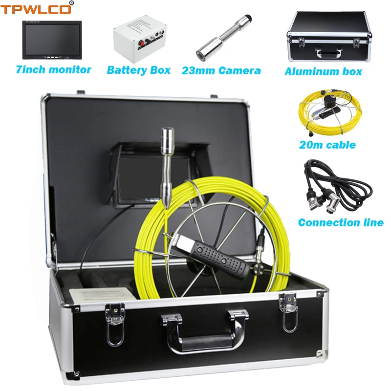 

1000TVL 23mm Waterproof Industrial Video Camera Endoscope Pipe Inspection System 7inch LCD Monitor 20m Cable 12pcs LEDS Lights