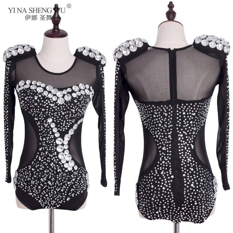 Luxury Pearls Rhinestones Long Sleeve Jazz Dance Costume Jumpsuit Women Sexy Performance Stage Jazz Dance Dress Competition Wear