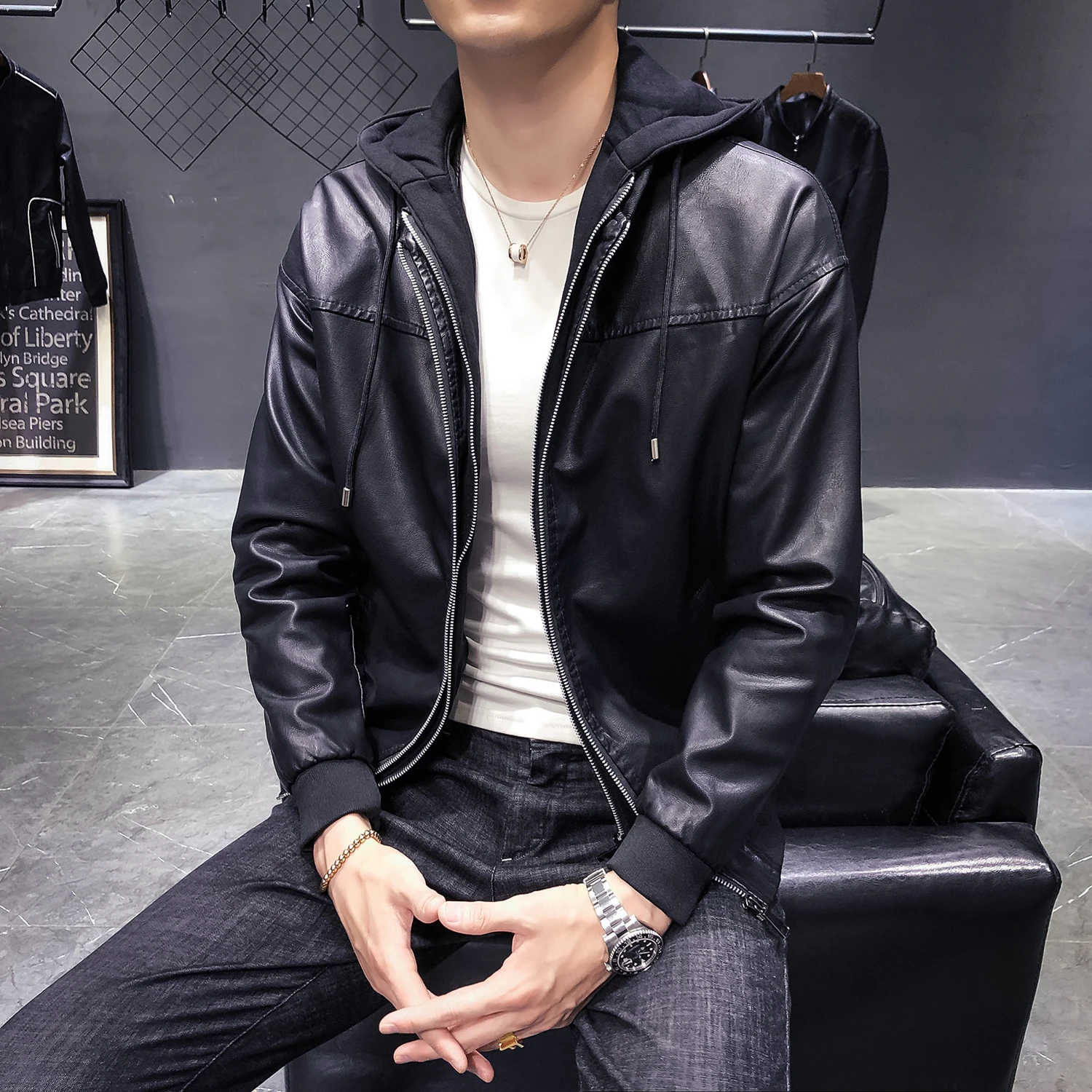 

Leather Motorcycle Jackets Mens 2 Pcs Black Leather Bomber Jackets for Biker Mens Hooded Leather Coats Slim Fit 2019 Winter Coat