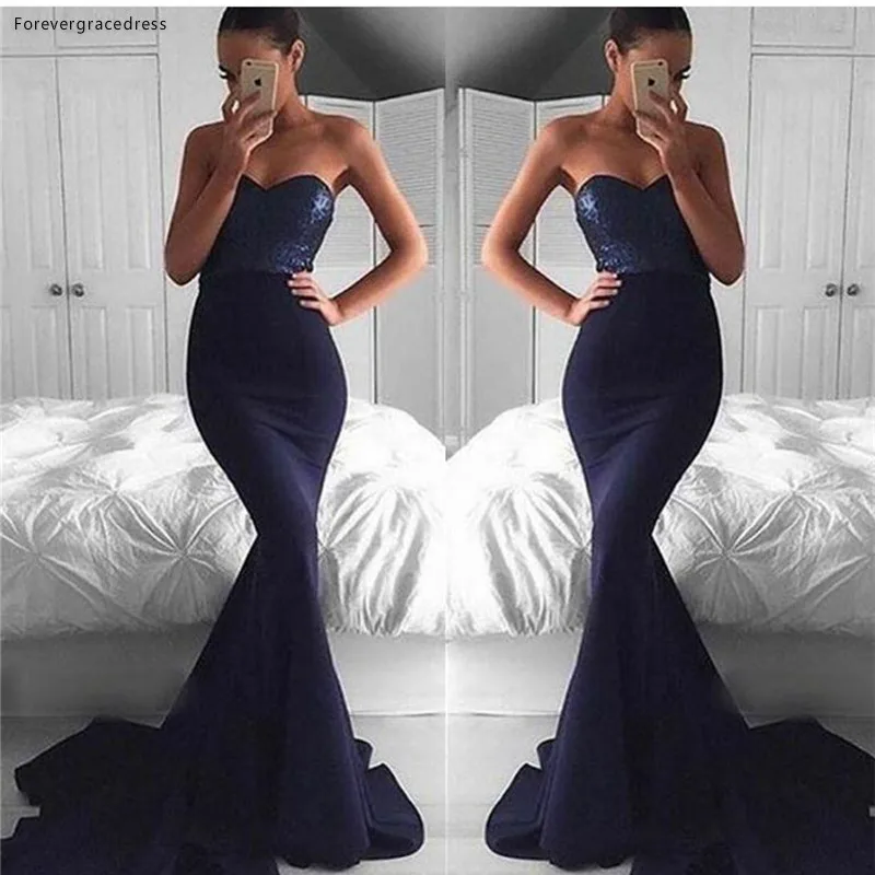 Navy Blue Mermaid Long SequinedชุดราตรีSouth African Sweetheart Backless Graduation Partyพลัสขนาดที่กำหนดเอง