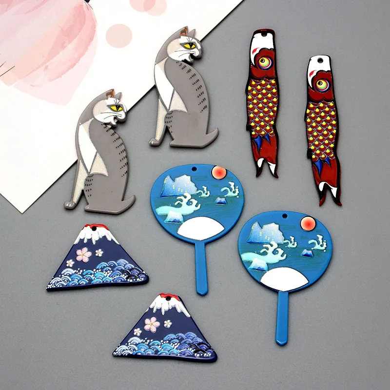 6PCS/lot Acetate Japan Doodle cat fuji mountain Jewelry Accessories Hand Made Earrings Connectors DIY Pendant Components Charms