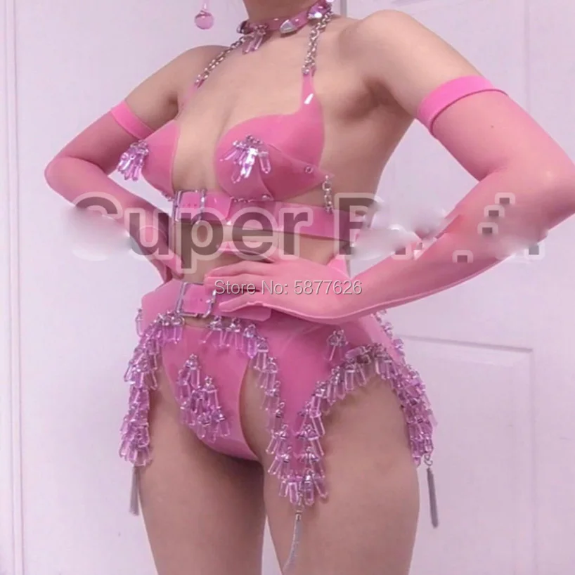 

Charming pink hollow bar gogo party girl costume sexy women stage wear future show party clothes