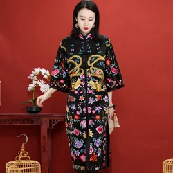 Autumn Retro Hand-Embroidery Chinese Style Button High-End Customize Three Quarter Sleeve Women's Coat Plus Size M-3XL