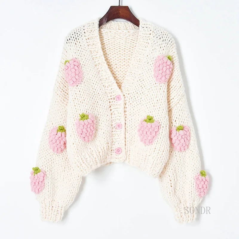 White Cute Cardigan with Pink Strawberry Crotchet Oversized Cardigans 2021 Winter Sweater Cardigan Women Lazy Oaf Knit Jacket