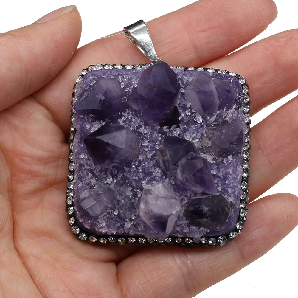 Natural Stone Purple Agates Druzy Pendant Square Cluster Crystal Charms Pendant for DIY Necklace Jewelry Making Supplies 42x45mm